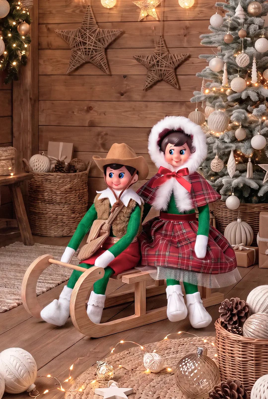 Deux Lutins Farceurs® installés sur une luge en bois, dans une mise en scène féerique